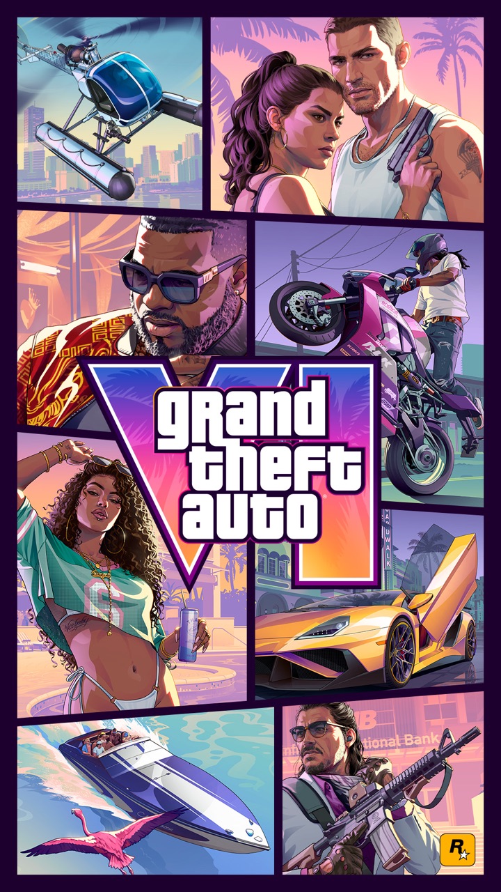Official Grand Theft Auto VI cover art: illustrated panels of the game's characters, a yellow sports car, a speedboat and a stunt motorcycle around the Grand Theft Auto VI logo.